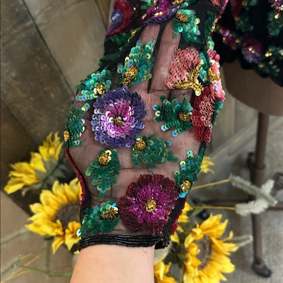 Vintage Laurence Kazar 2X Silk Sequin Floral Sheer Sleeve Blouse Top Black - Picture 3 of 11